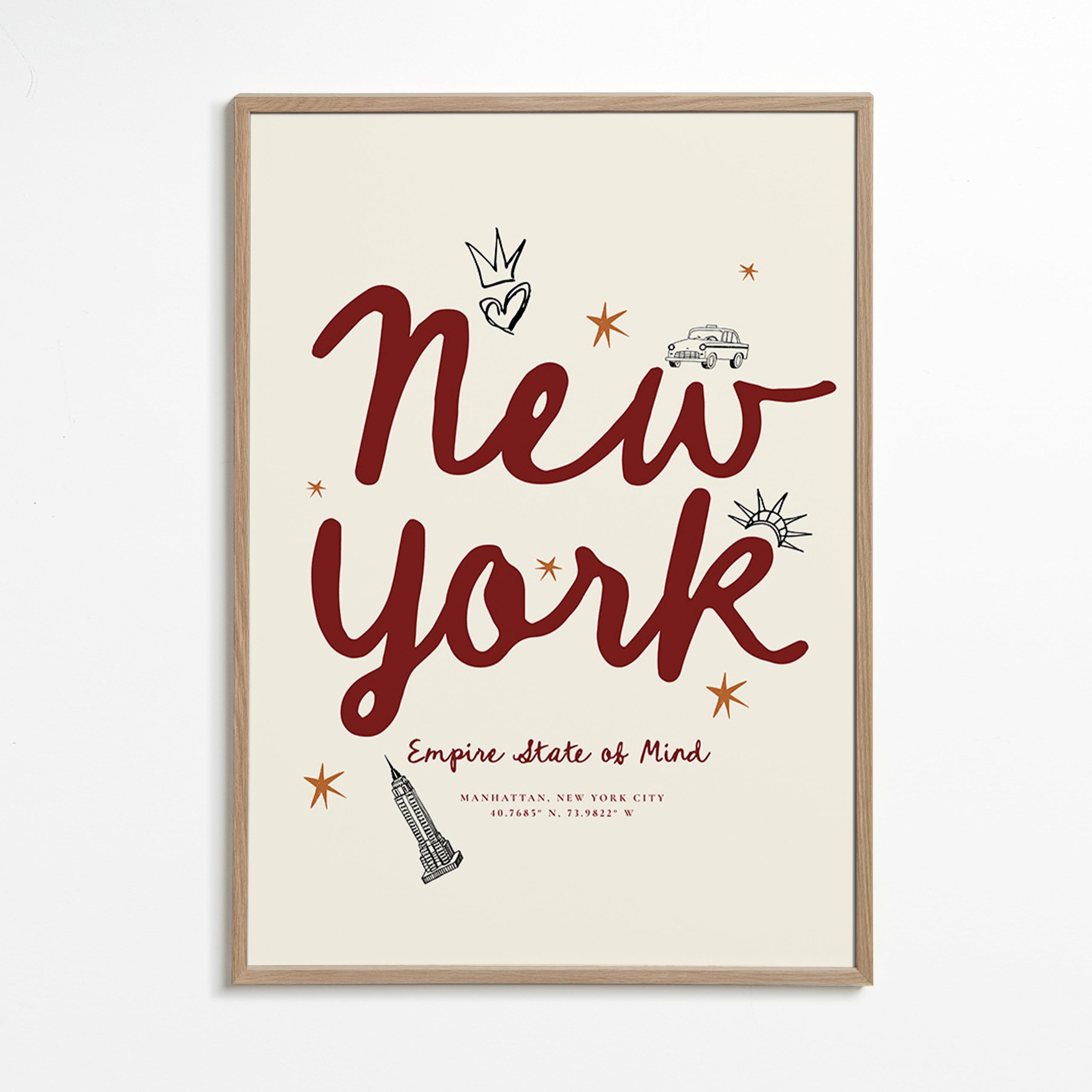 Reiseposter New York mit bordeauxfarbener Schrift