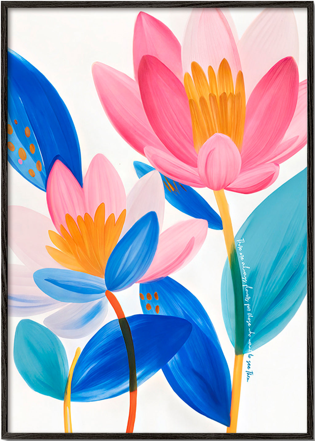 Botanischer Druck mit rosa und blauen Blüten