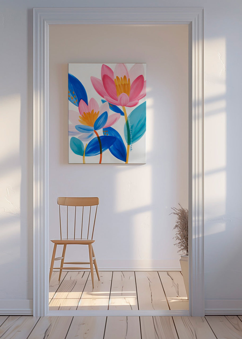 Botanischer Druck mit rosa und blauen Blüten