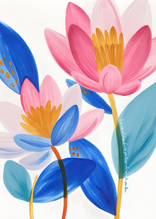 Botanischer Druck mit rosa und blauen Blüten