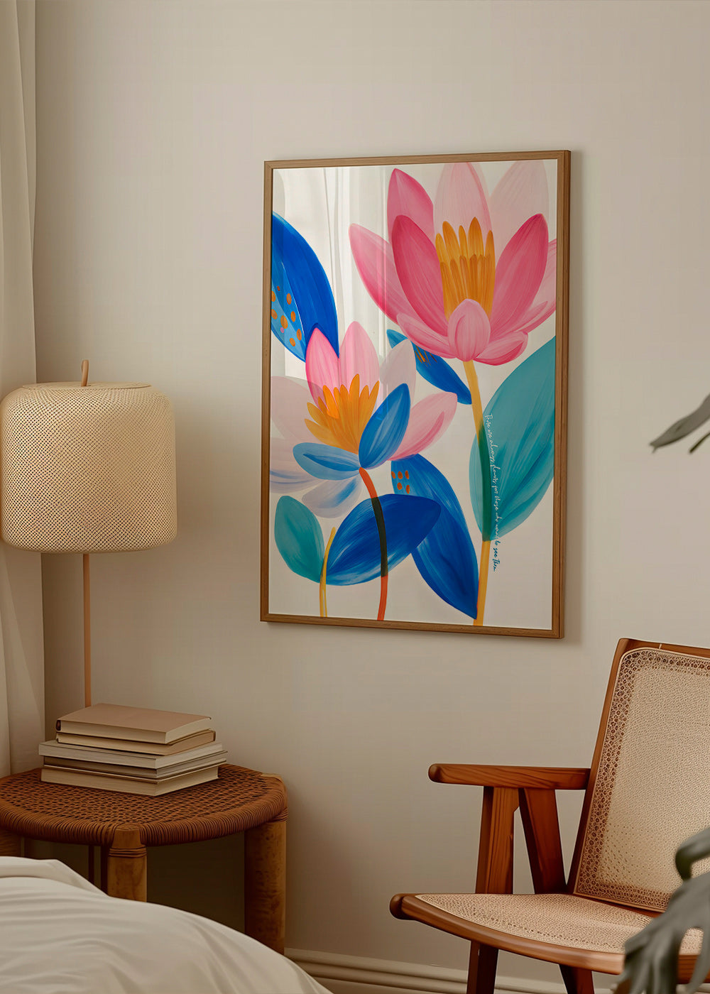 Botanischer Druck mit rosa und blauen Blüten