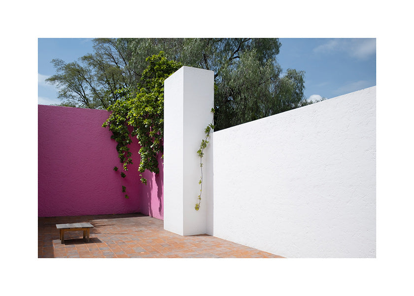 Minimalistisches Bild: rosa-weißer Innenhof