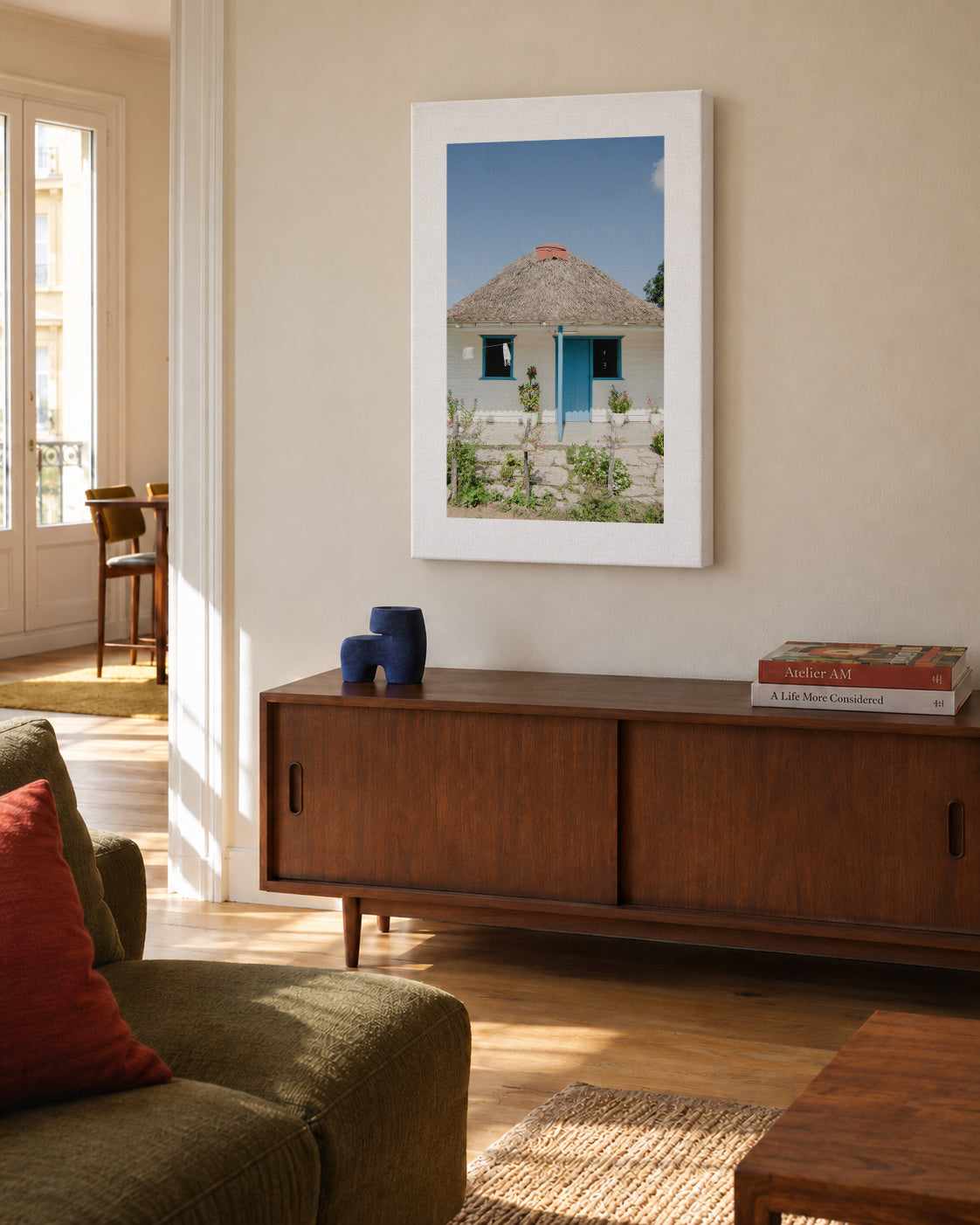 Blue House - Unframed canvas in an interior