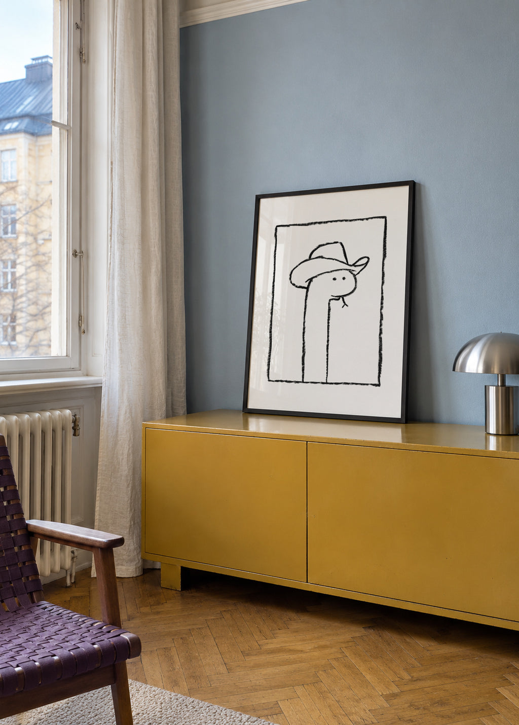 Squiggles the Snake In a Stetson - Framed poster in an interior