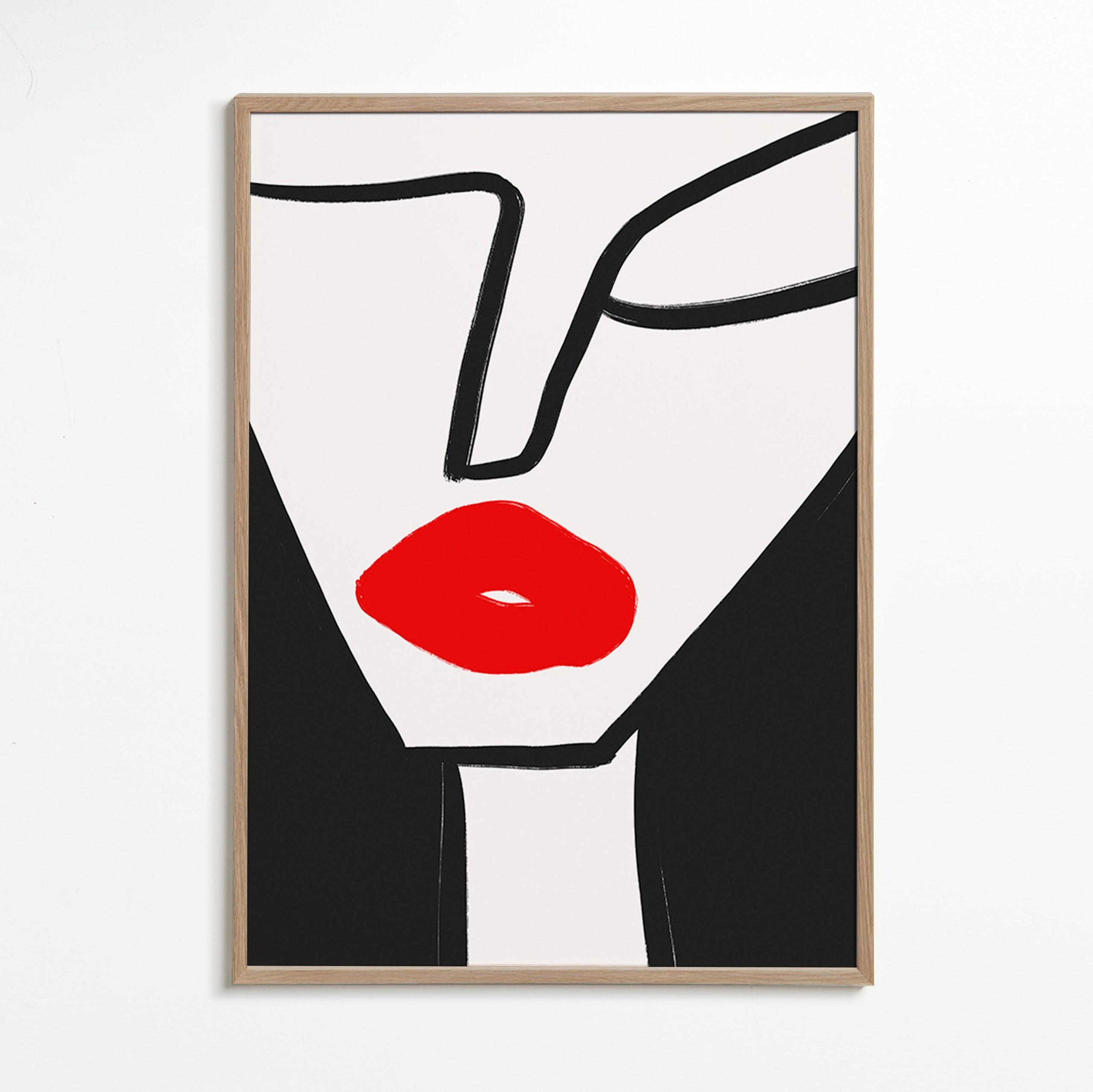 Cuadro minimalista con labios rojos y perfil gráfico – Oak Frame
