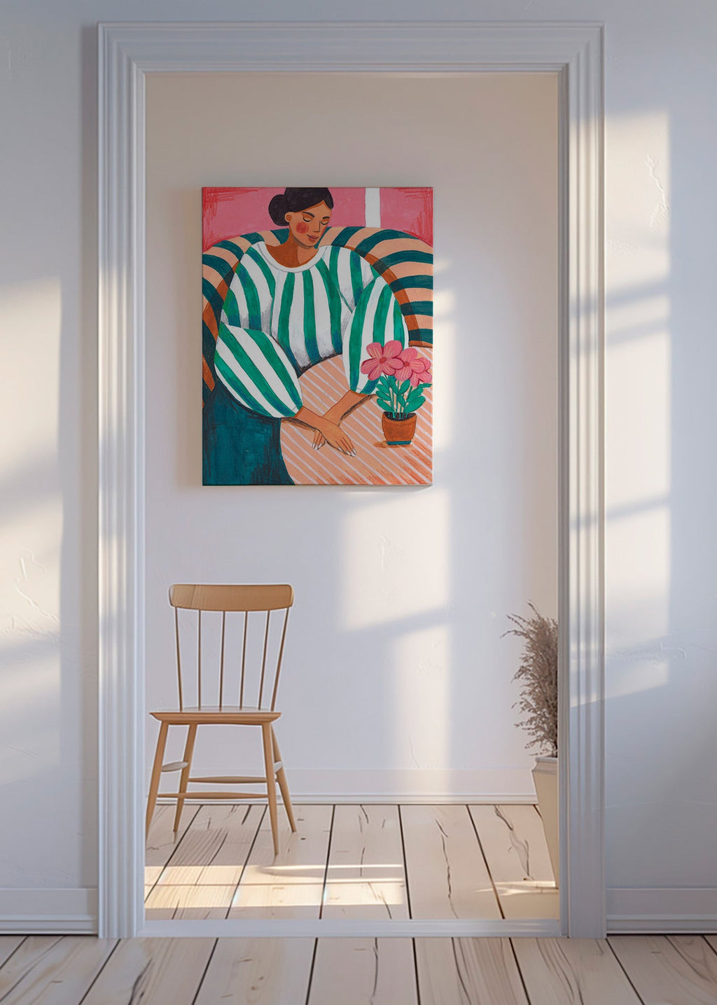 Ilustración de mujer en rayas con maceta – Canvas