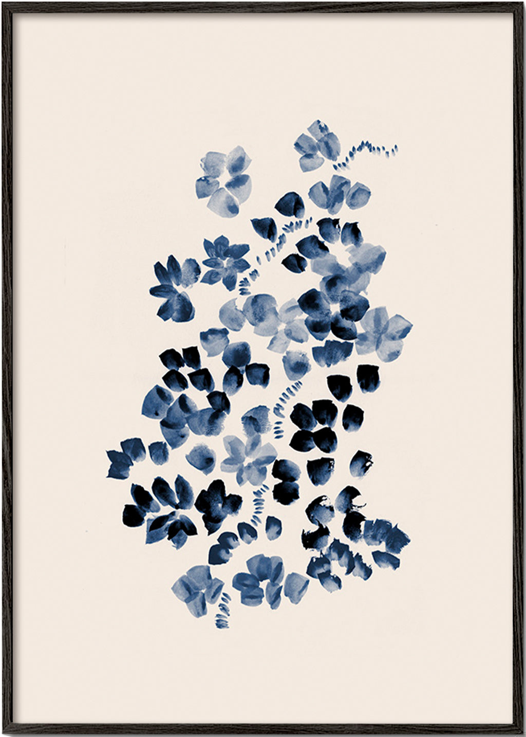 Lámina botánica en azul sobre fondo beige – Black Frame