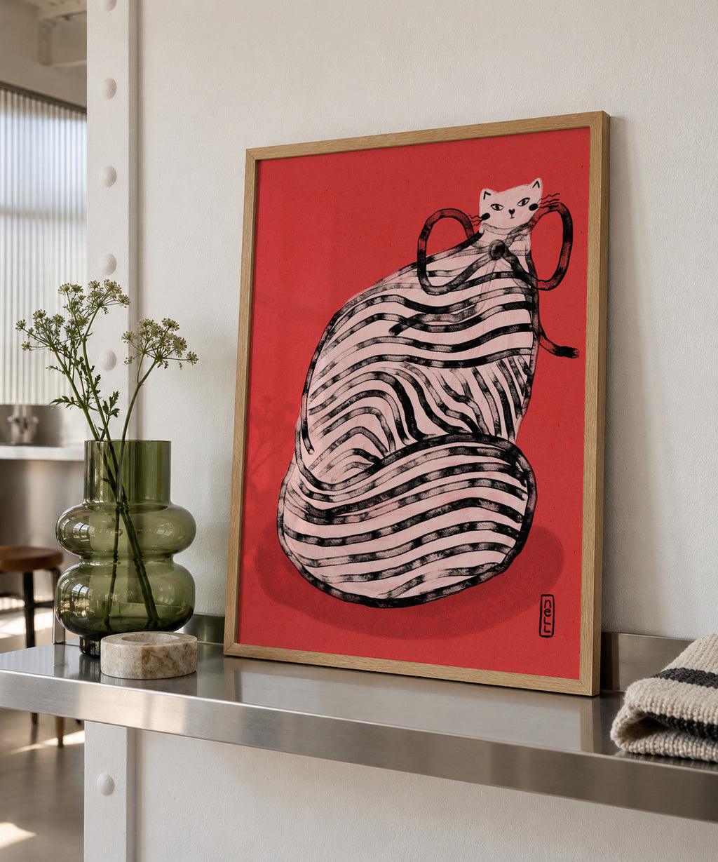 Black and White Stripe Cat Illustration Poster - Framed poster in an interior