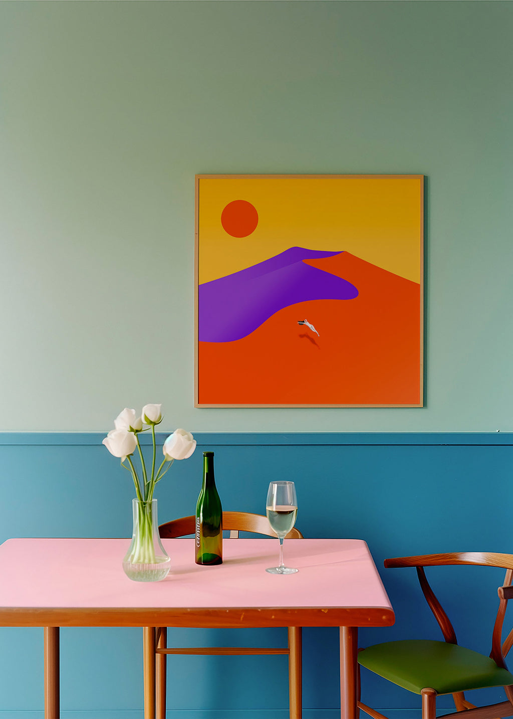 Cuadro abstracto con figura flotante y sol – Product2