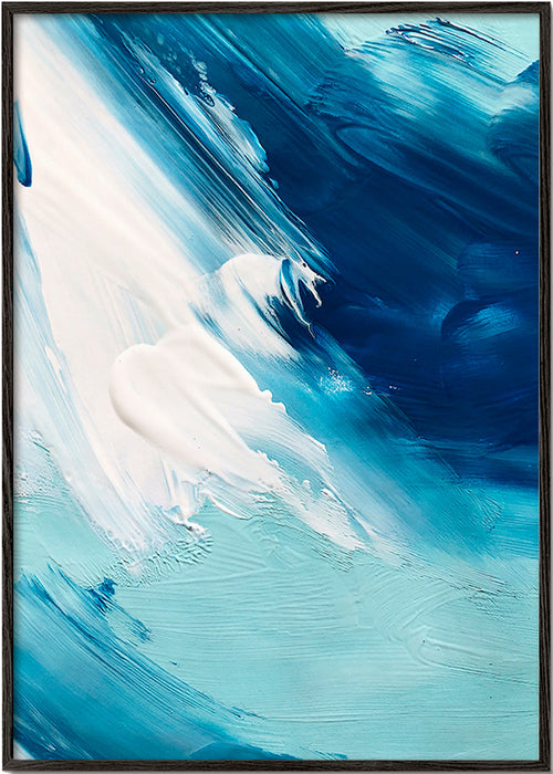 Cuadro abstracto en azul y blanco con pinceladas gestuales – Black Frame