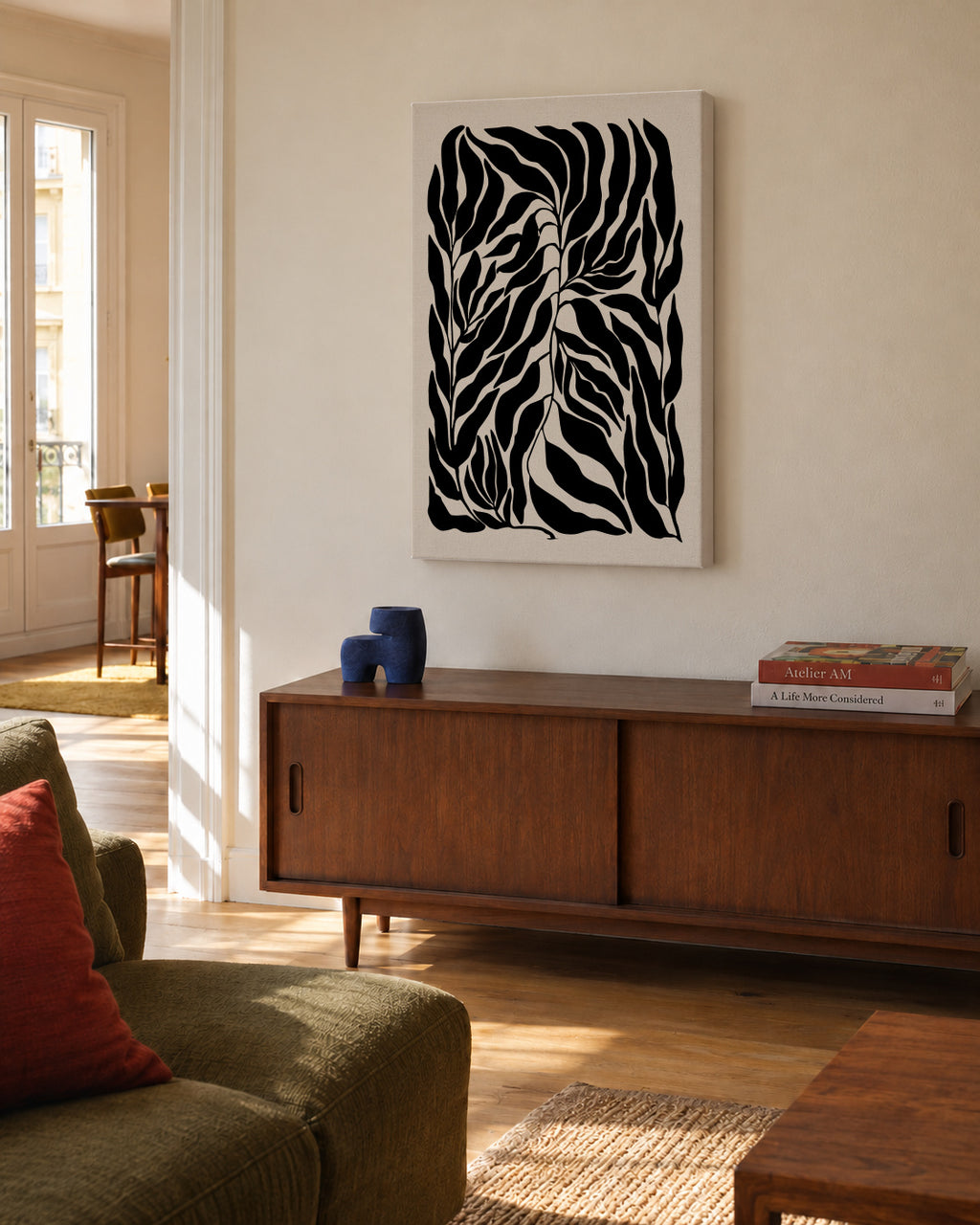 Black Leaf Silhouettes - Unframed canvas in an interior