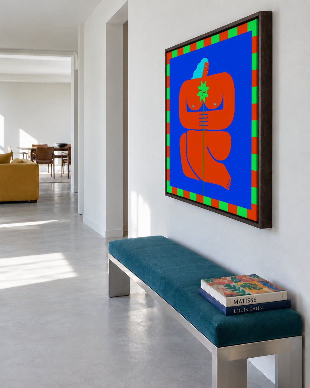Stylized Human Form with Vibrant Orange and Blue Hues - Framed canvas in an interior