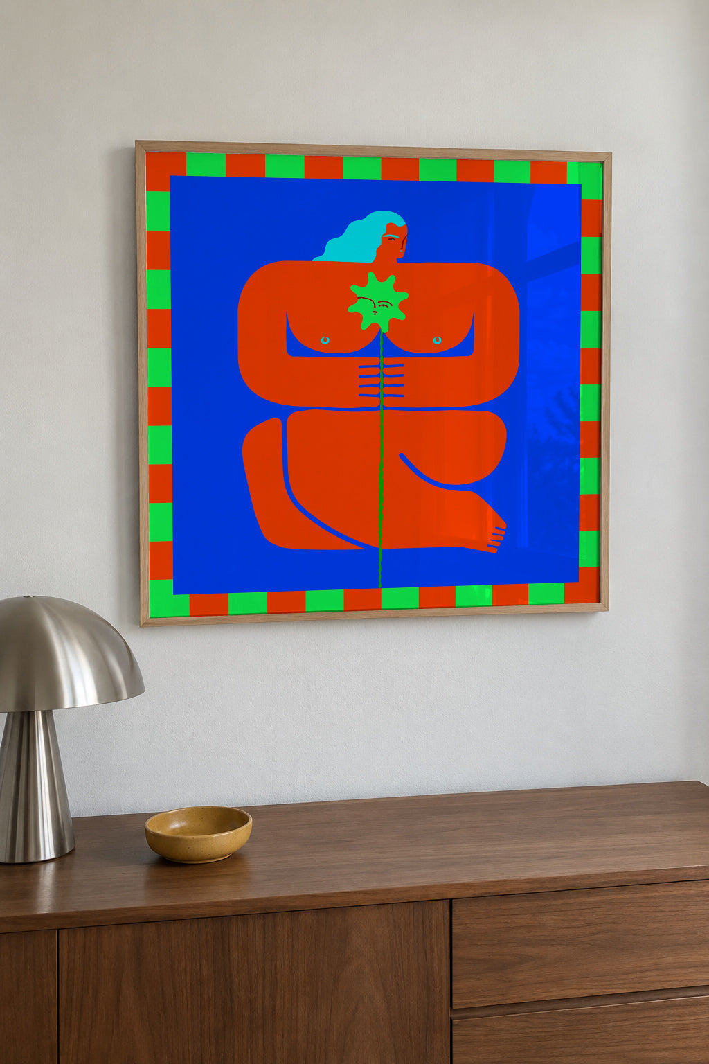 Stylized Human Form with Vibrant Orange and Blue Hues - Framed poster in an interior