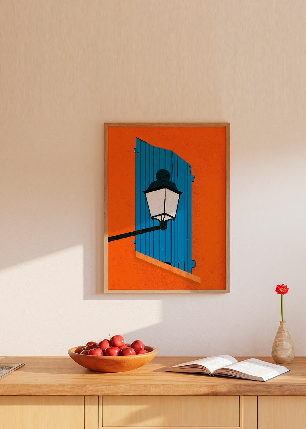 Ilustración de ventana y farol en persiana azul – Product1