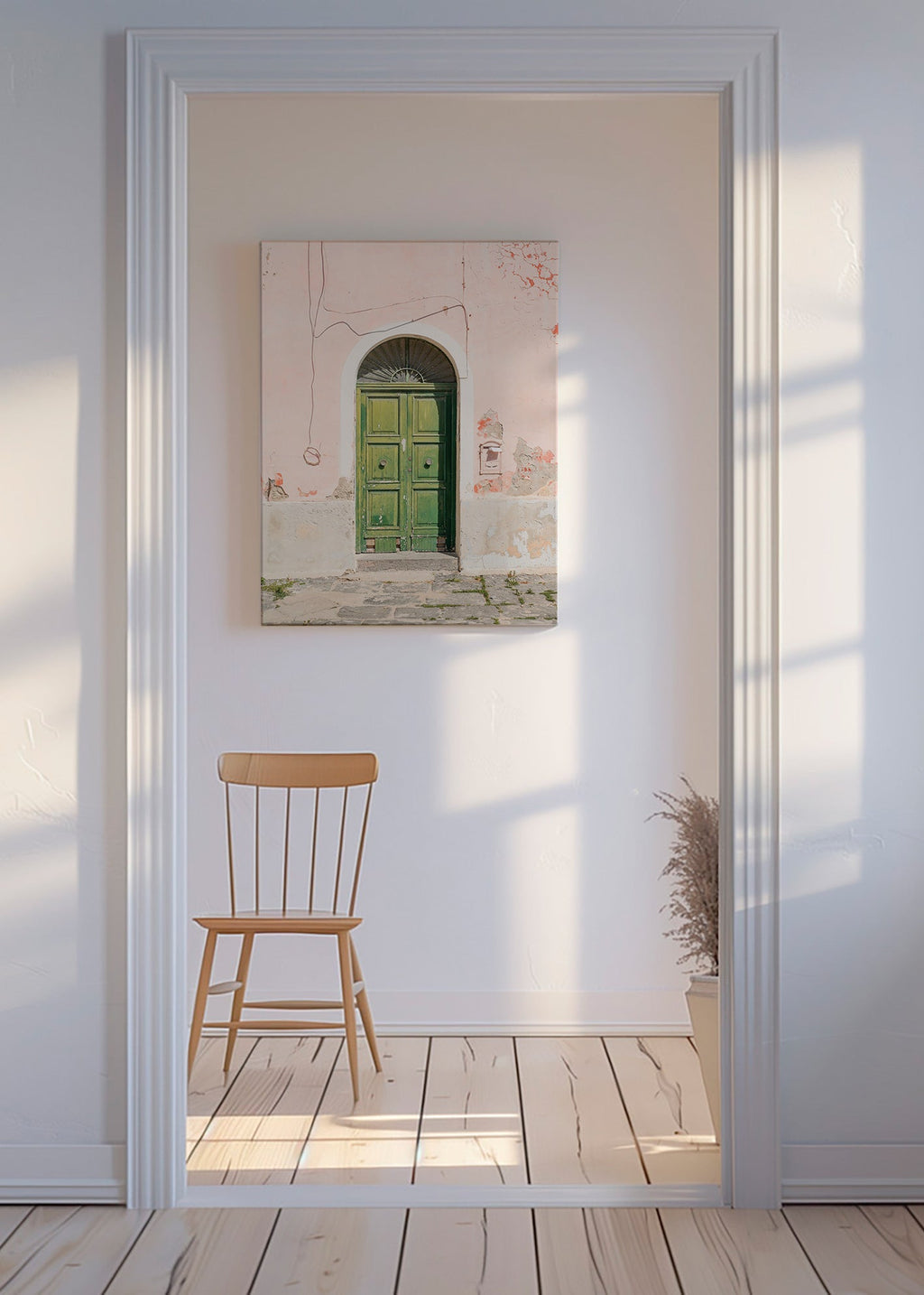 Cuadro de ciudades: puerta verde en fachada rosa – Canvas