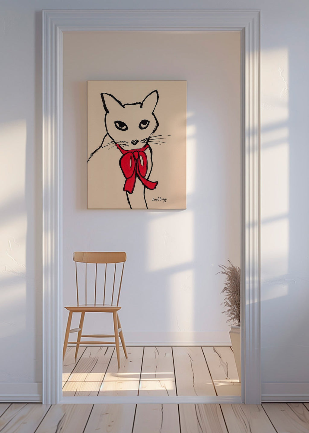 Cuadro gato con lazo rojo y trazo suelto – Canvas