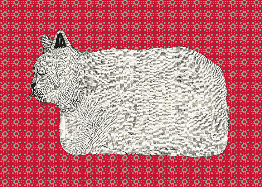 Cuadro gato en perfil sobre patrón rojo