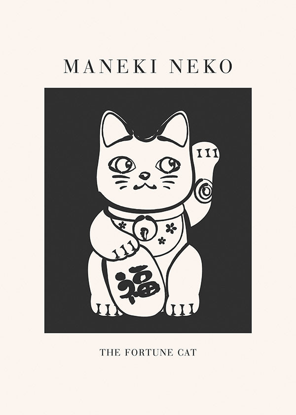 Ilustración Maneki Neko en blanco y negro