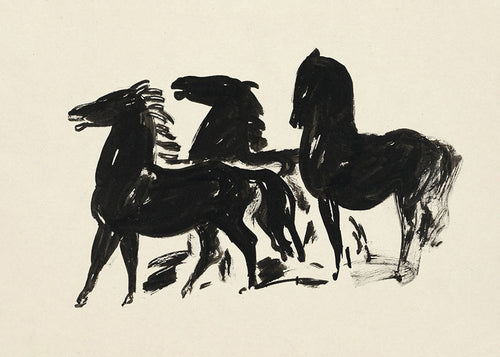 Cuadro tres caballos: dibujo en tinta gestual