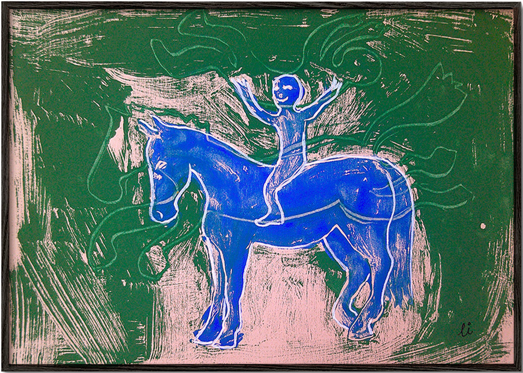 Cuadro caballo azul con jinete en fondo gestual – Black Frame