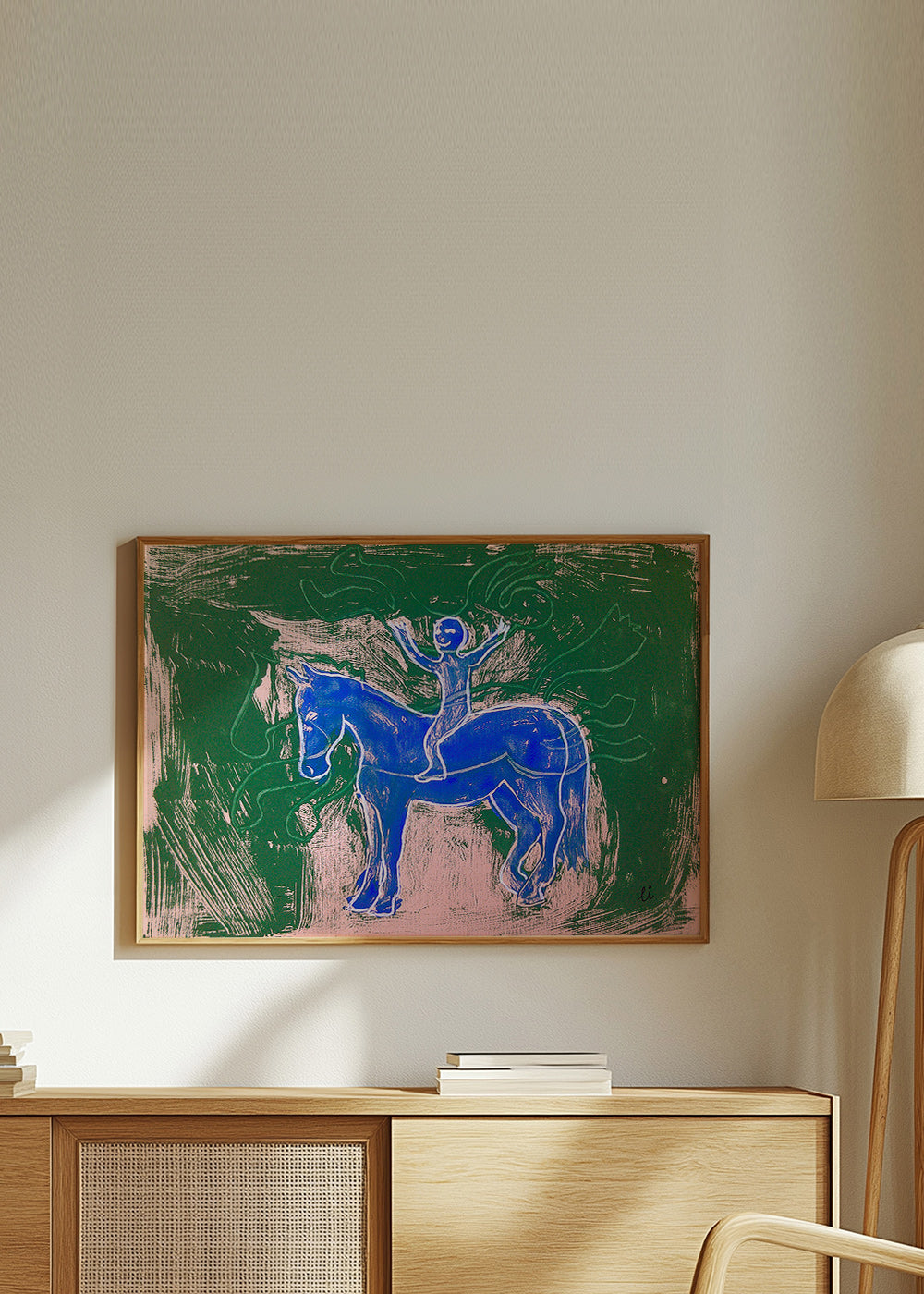 Cuadro caballo azul con jinete en fondo gestual – Product3