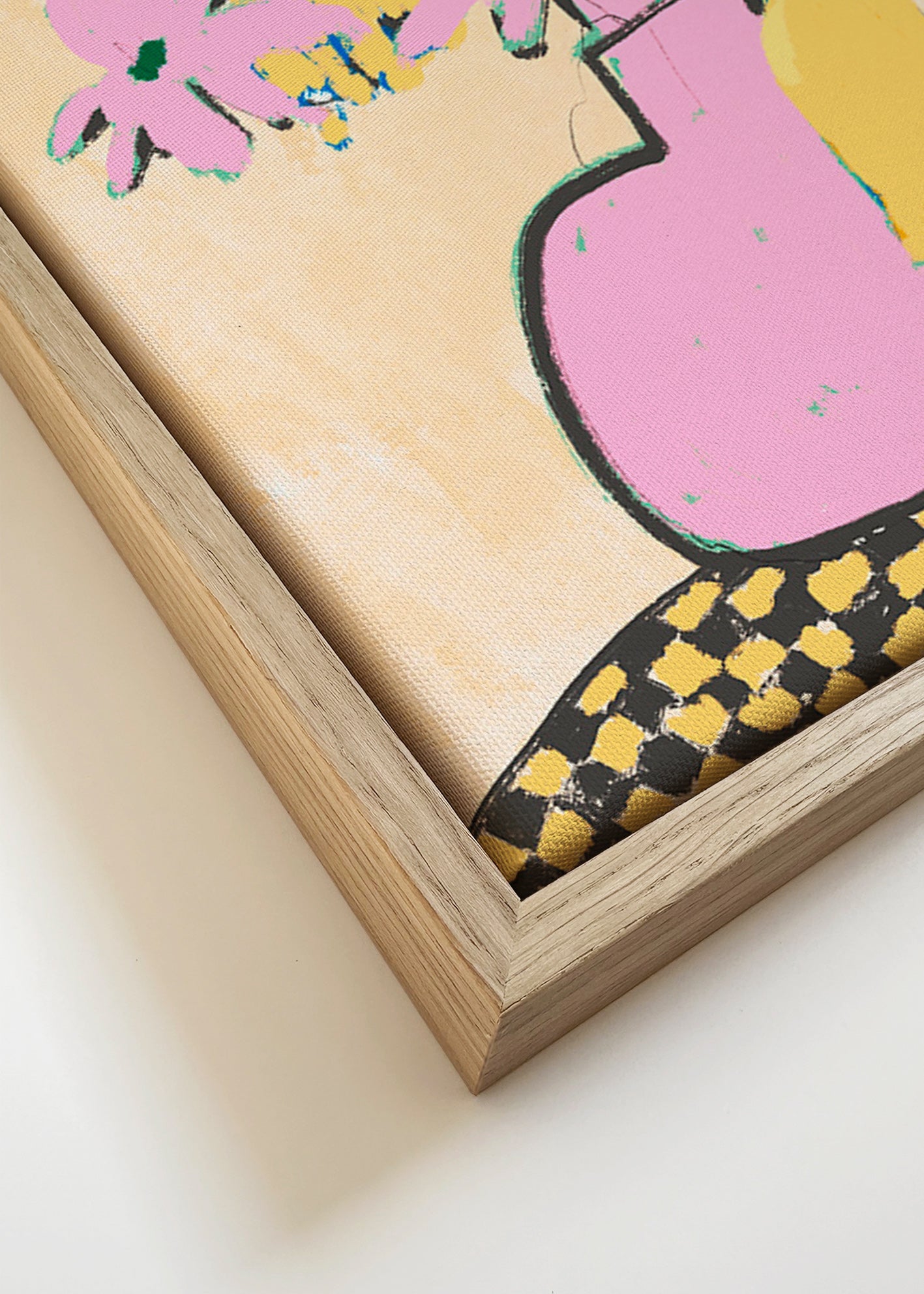 Lámina botánica con jarrón rosa y flores – Canvas detail