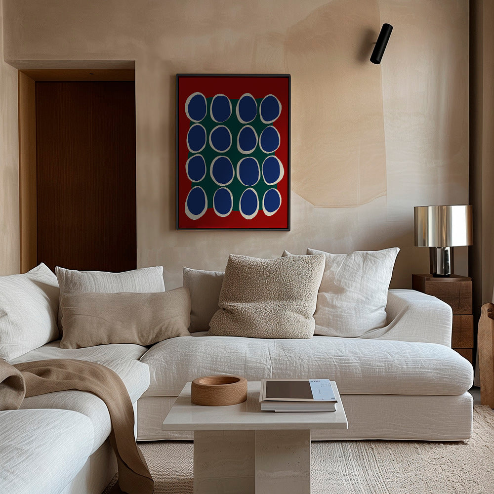 Cuadro geométrico con óvalos azules y bloque verde – Canvas2