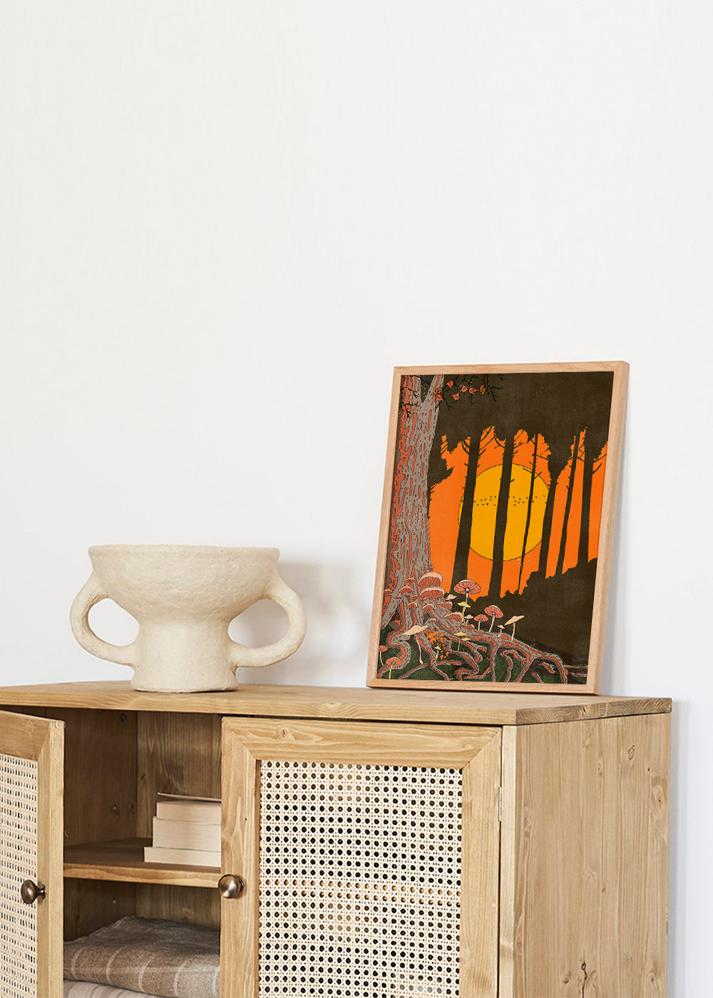 Ilustración de bosque al atardecer con hongos – Product3