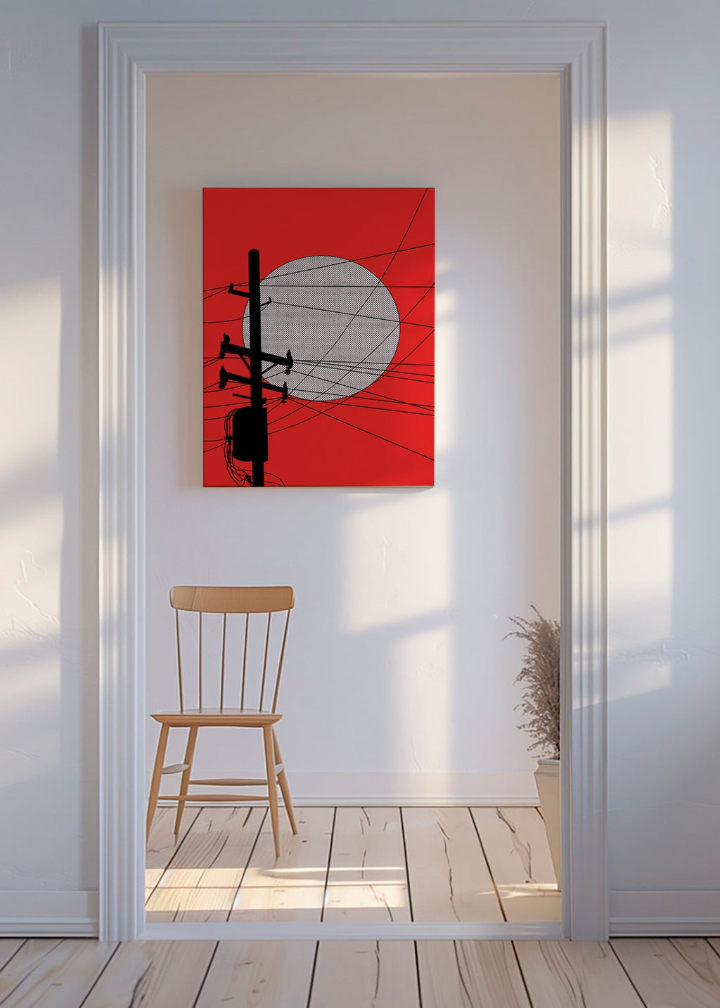 Ilustración minimalista de sol japonés y poste – Canvas