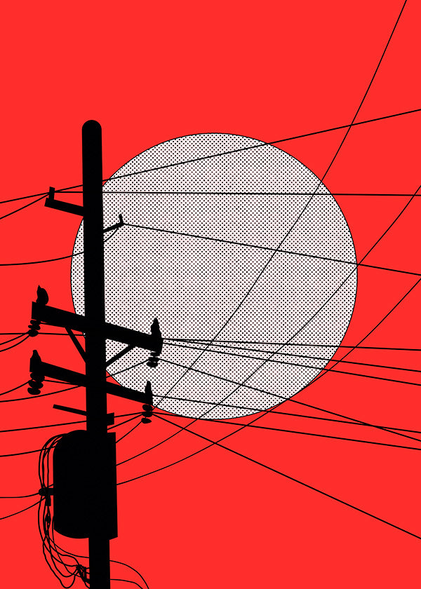 Ilustración minimalista de sol japonés y poste