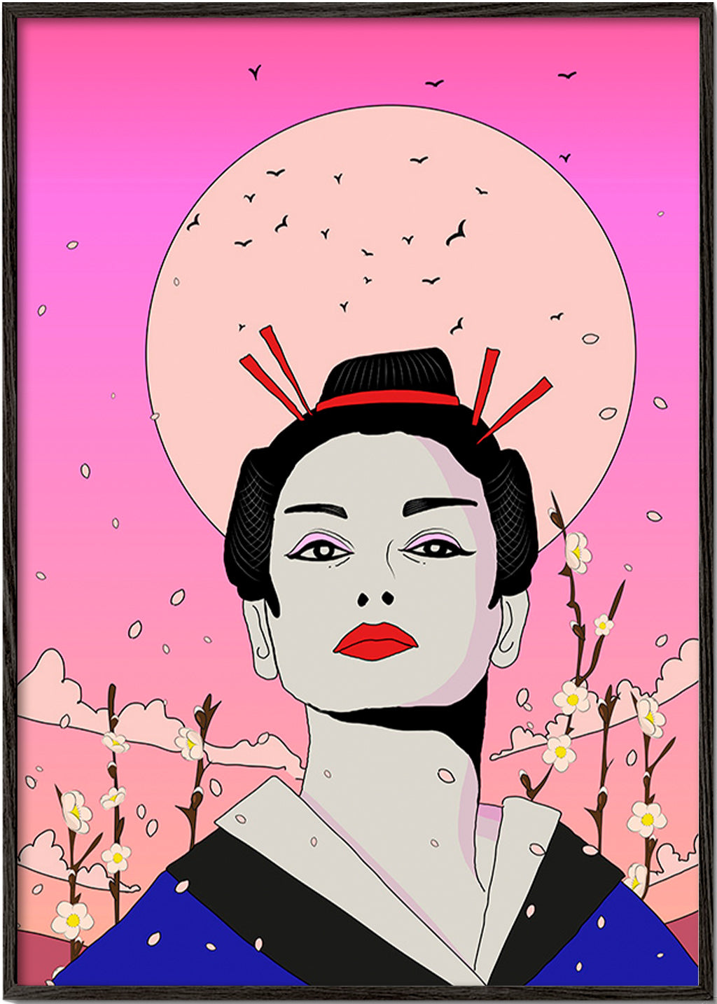 Ilustración de geisha japonesa sobre luna rosa – Black Frame