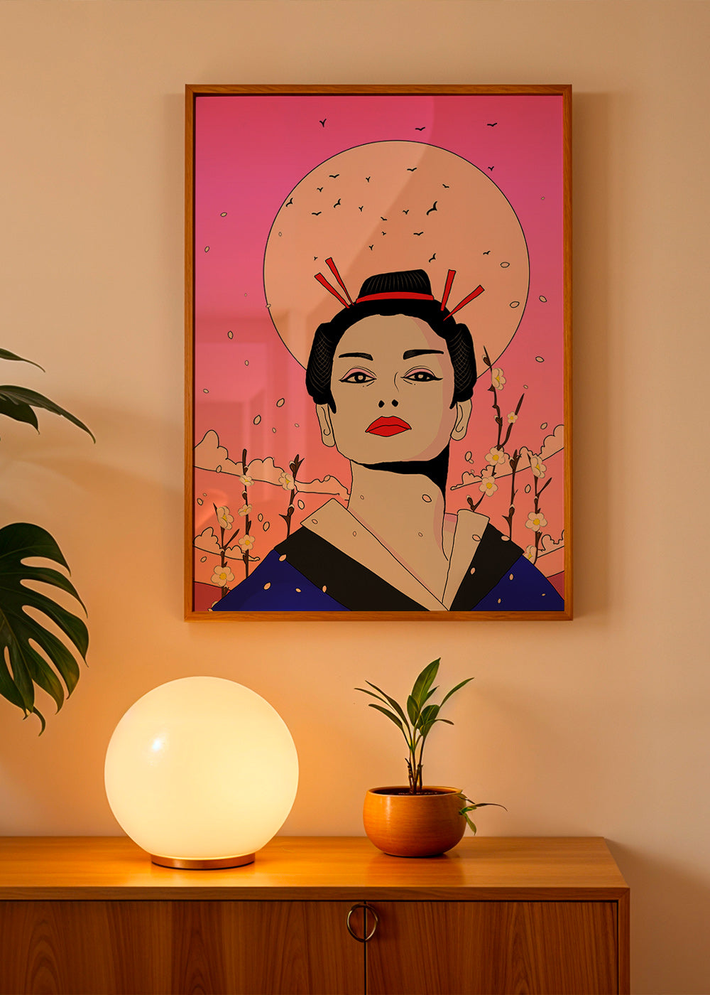 Ilustración de geisha japonesa sobre luna rosa – Product1