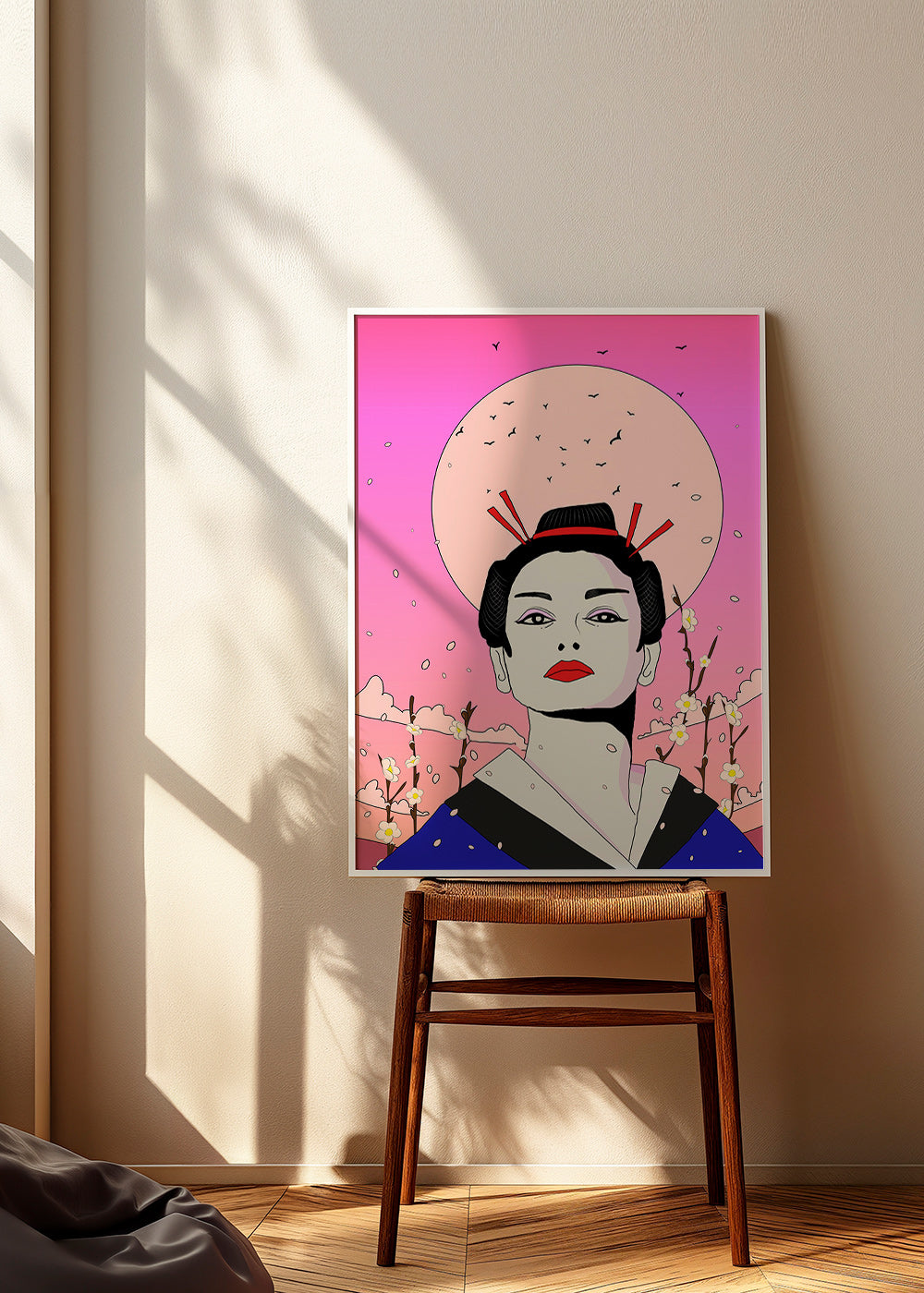 Ilustración de geisha japonesa sobre luna rosa – Product2