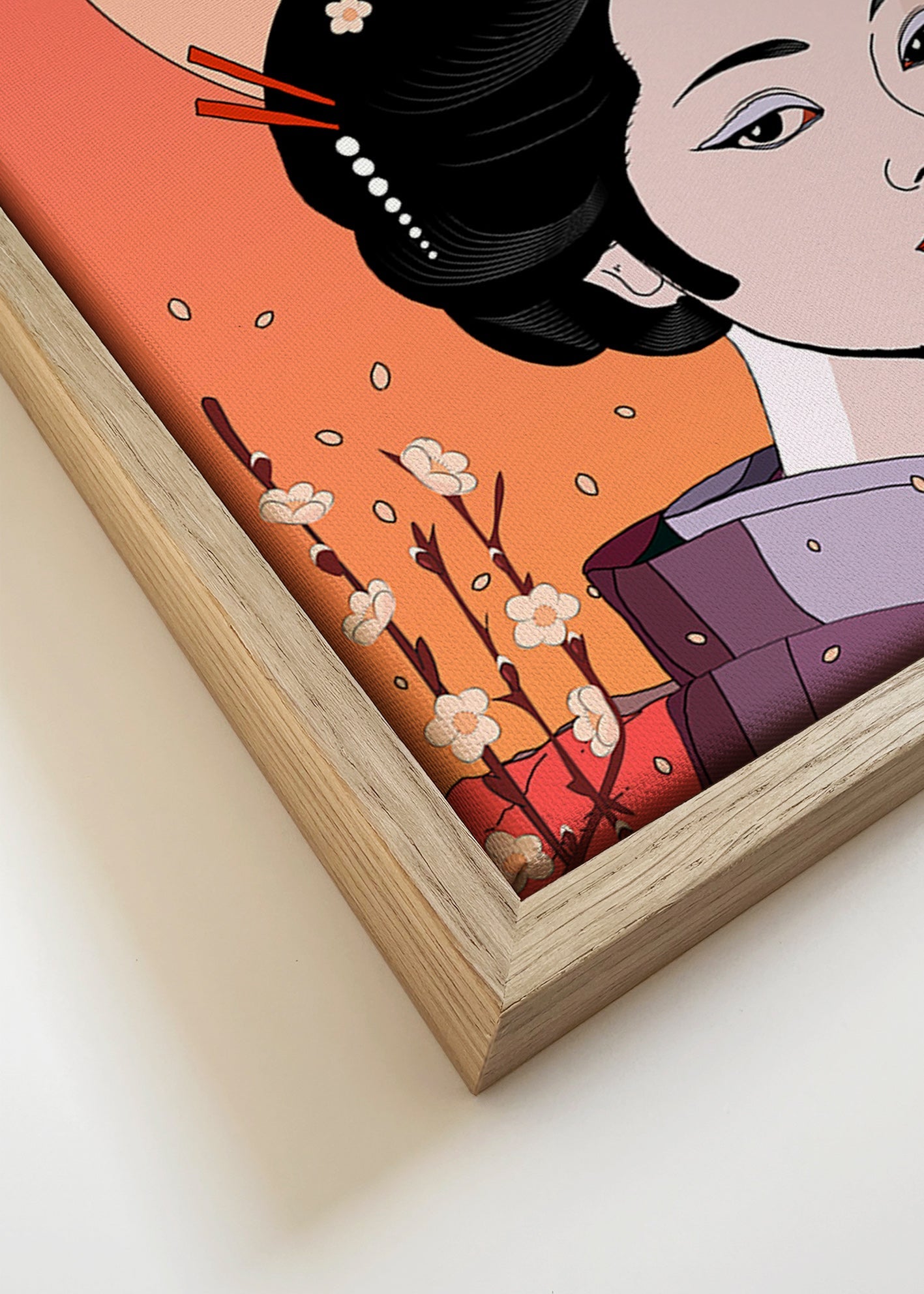 Ilustración geisha en atardecer coral – Canvas detail