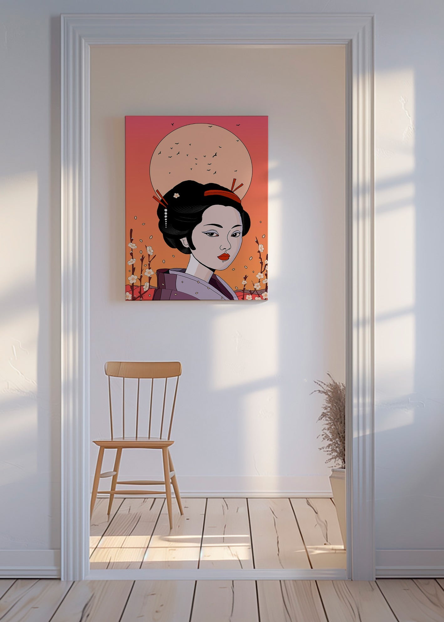 Ilustración geisha en atardecer coral – Canvas