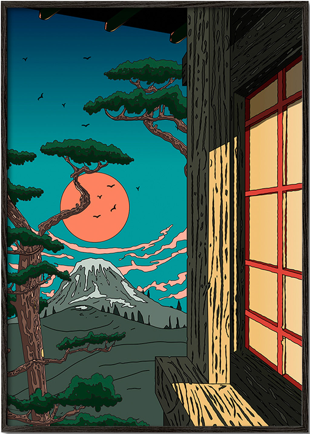 Cuadro de paisaje con pino y monte al atardecer – Black Frame