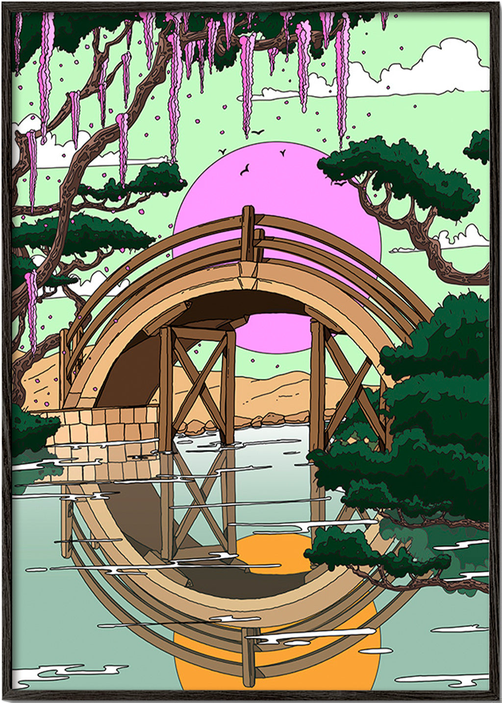 Cuadro de paisaje con puente arqueado y reflejo – Black Frame