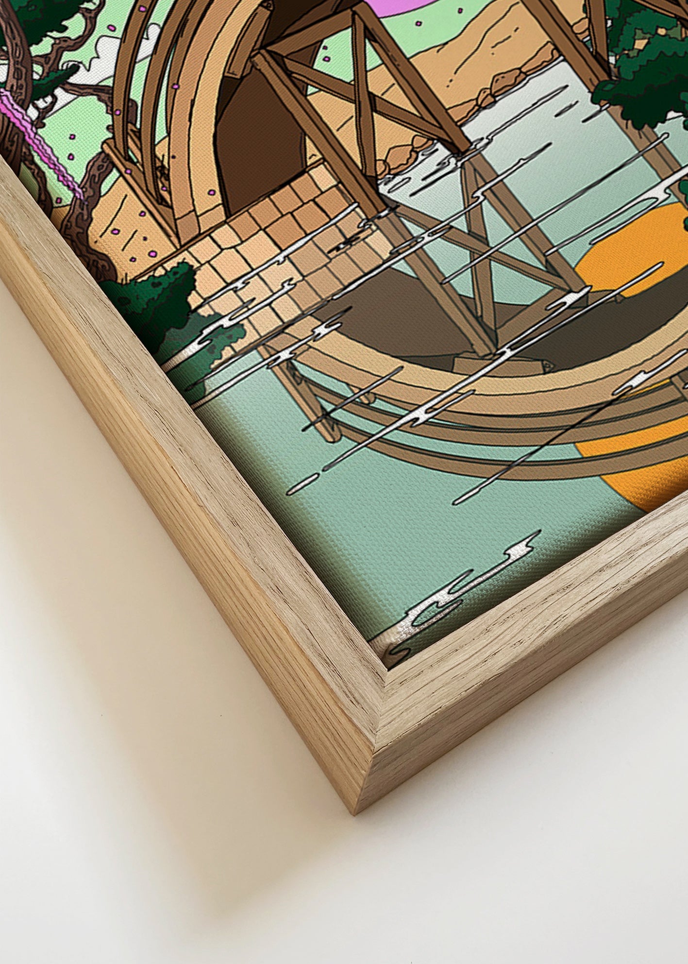 Cuadro de paisaje con puente arqueado y reflejo – Canvas detail