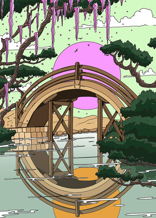 Cuadro de paisaje con puente arqueado y reflejo