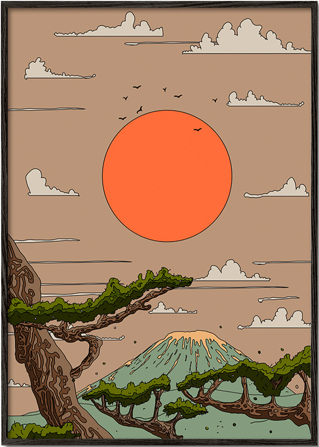 Cuadro de paisaje con sol naranja y pinos estilizados – Black Frame