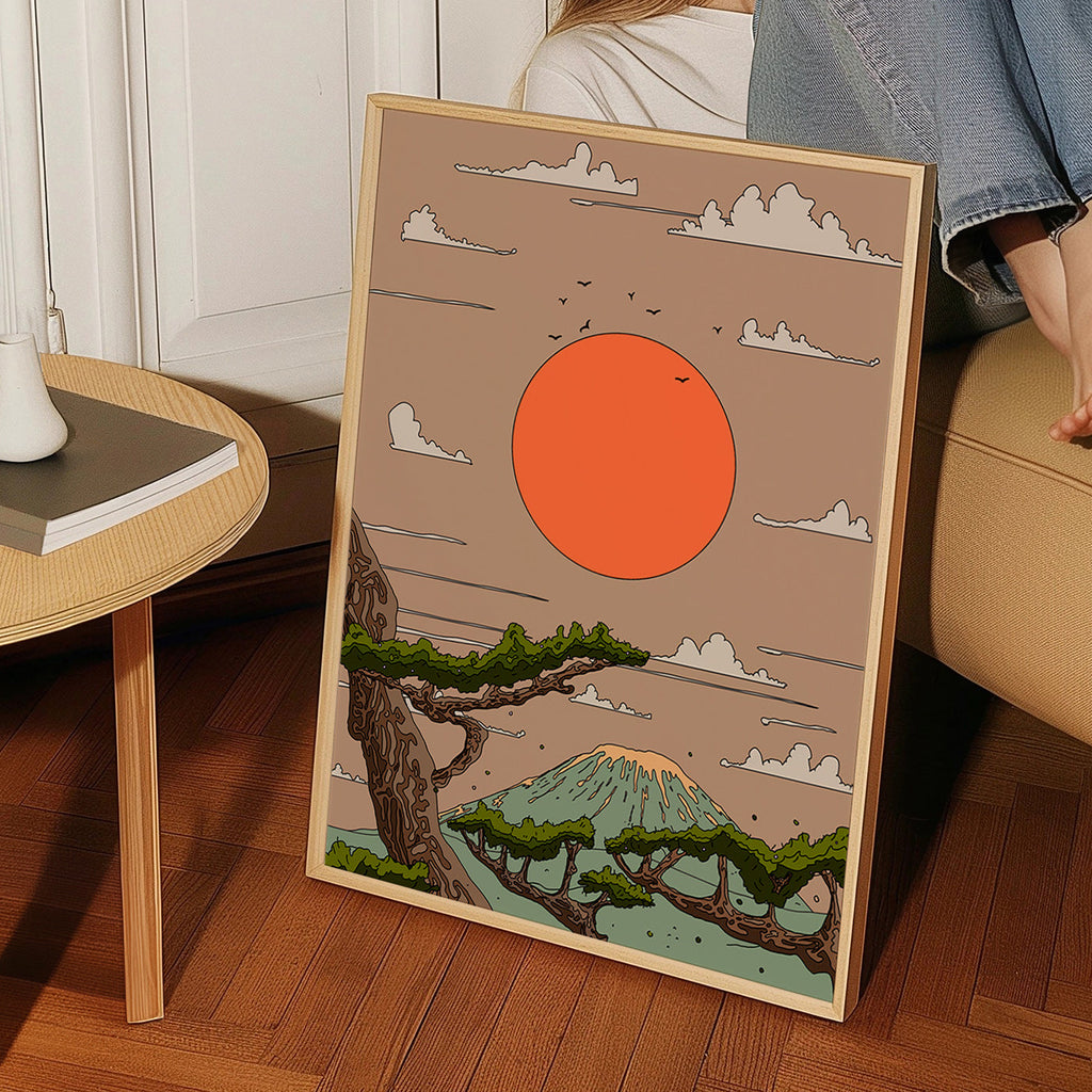 Cuadro de paisaje con sol naranja y pinos estilizados – Product2