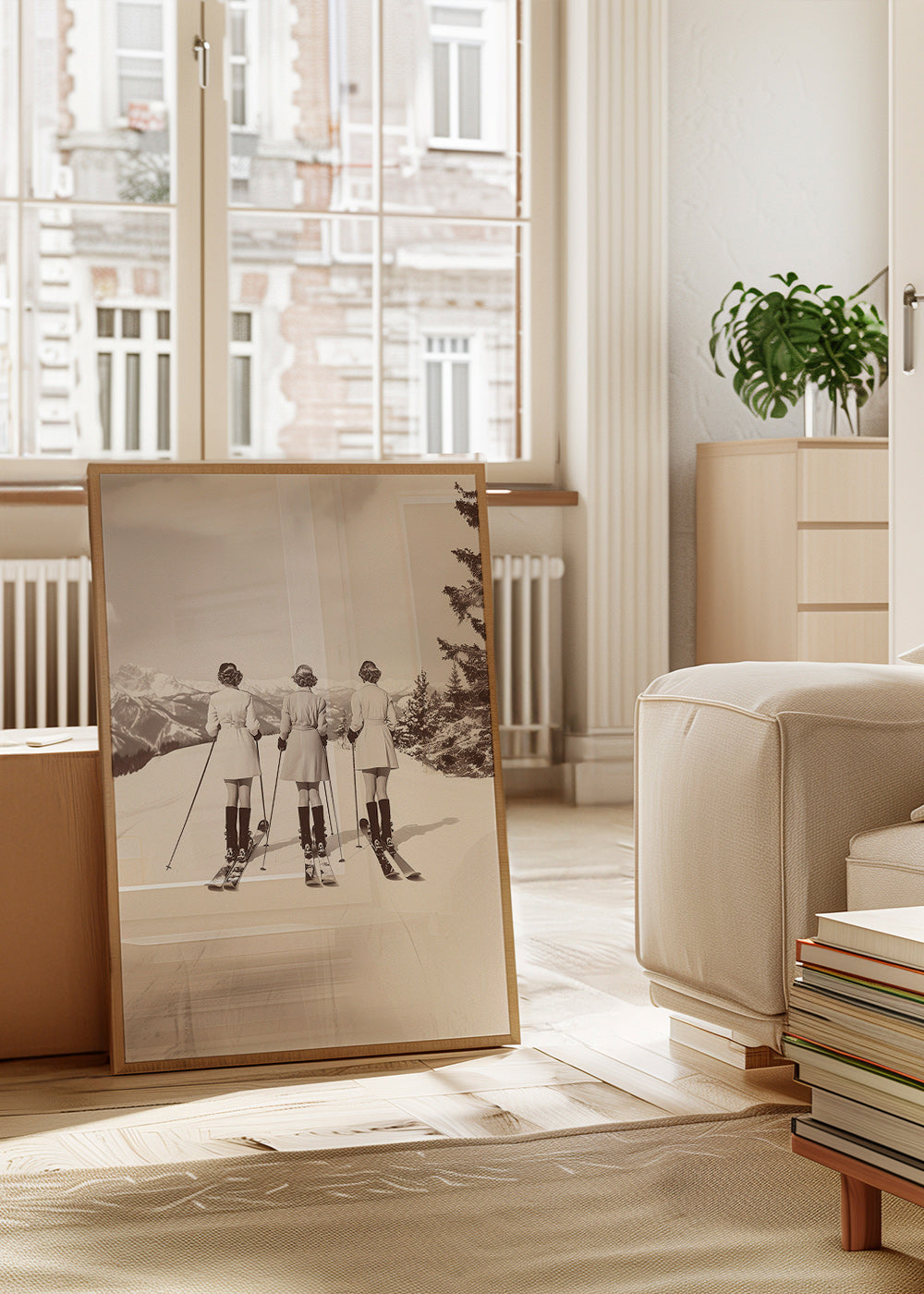 Cuadro vintage: esquiadoras retro en fila – Product1