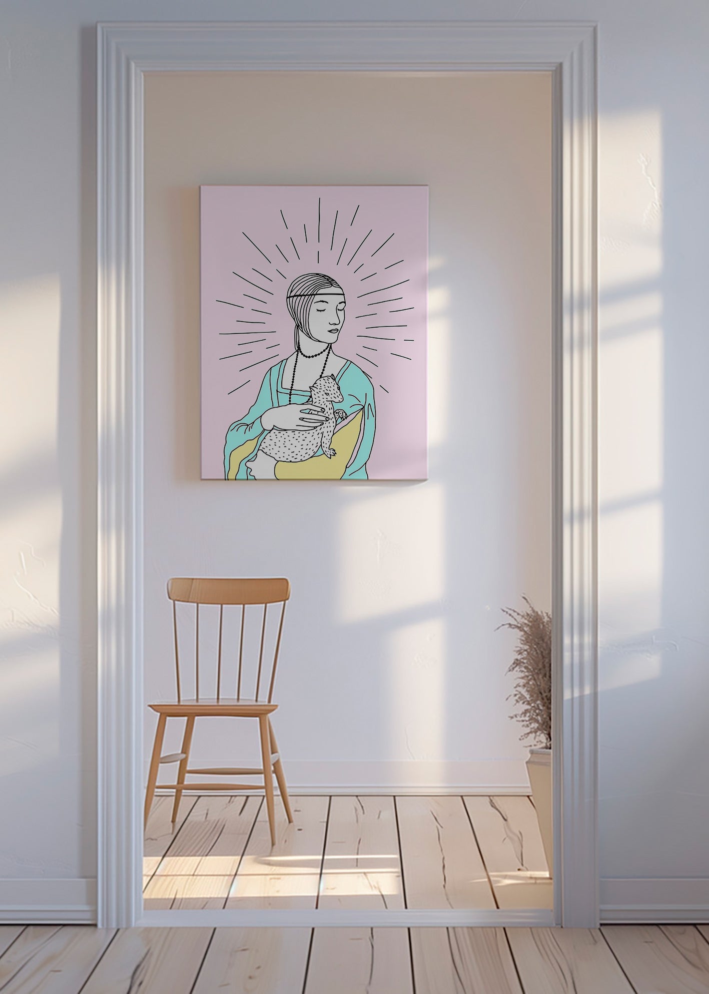 Ilustración: dama con armiño y fondo rosa – Canvas