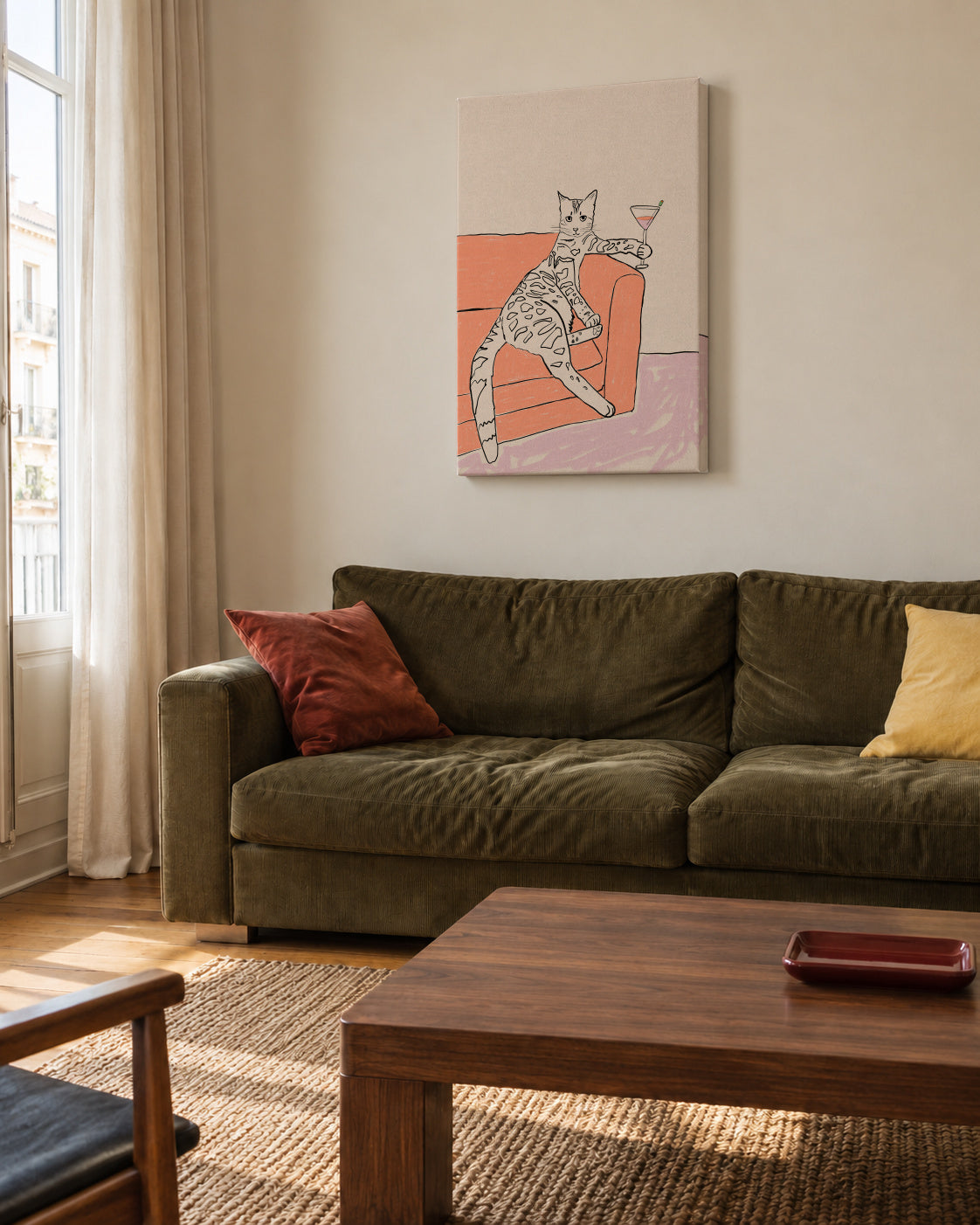 Cat cocktail time - Unframed canvas in an interior