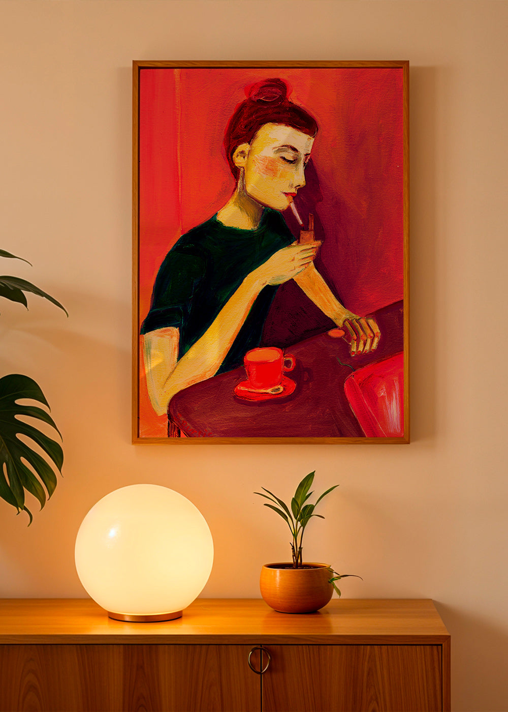 Ilustración de mujer fumando con taza roja – Product1