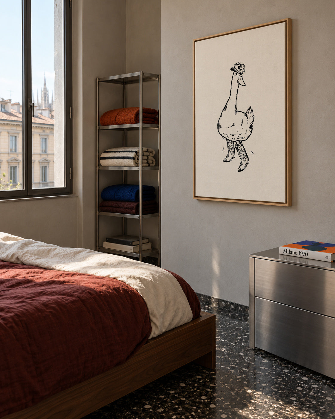 Duck wearing Western Boots - Framed canvas in an interior