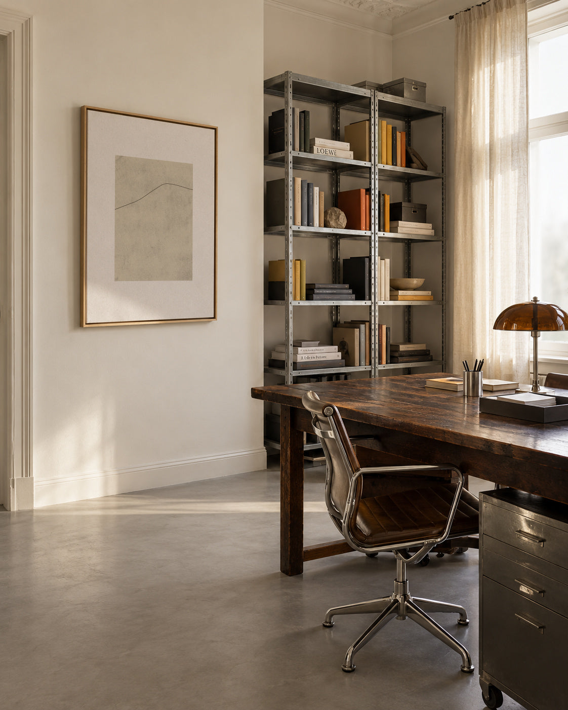 Line on Whispered Beige - Framed canvas in an interior