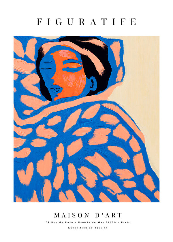 Ilustración figurativa en tonos coral y azul