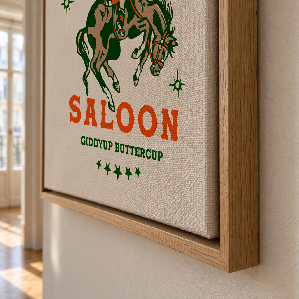 Old Rodeo Saloon Cowgirl: Giddyup Buttercup - Framed canvas detail