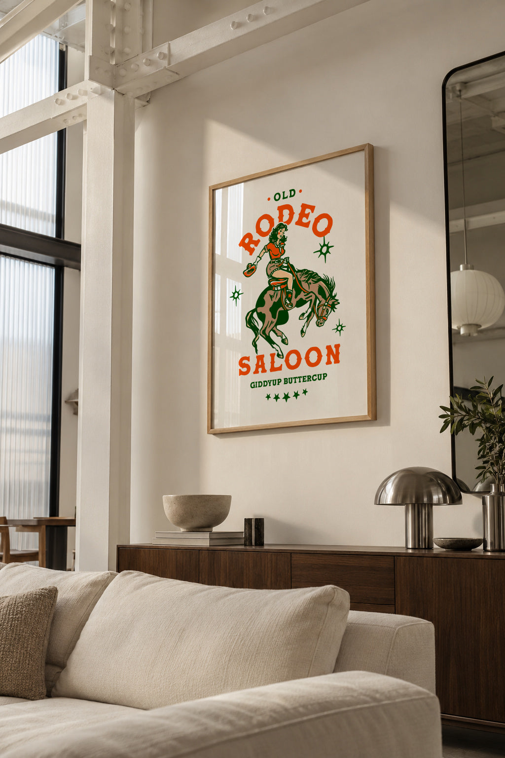 Old Rodeo Saloon Cowgirl: Giddyup Buttercup - Framed poster in an interior
